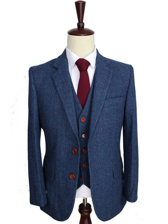 Wool Blue Herringbone Custom Men’s Suits