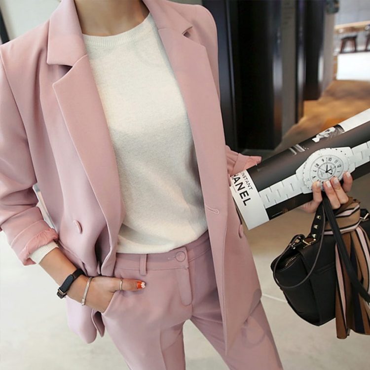 Women Pant Suit Pink Blazer